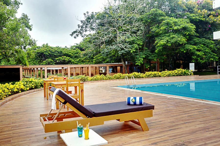 Poolside loungers and umbrellas in early morning light with the water completely still and nobody in frame