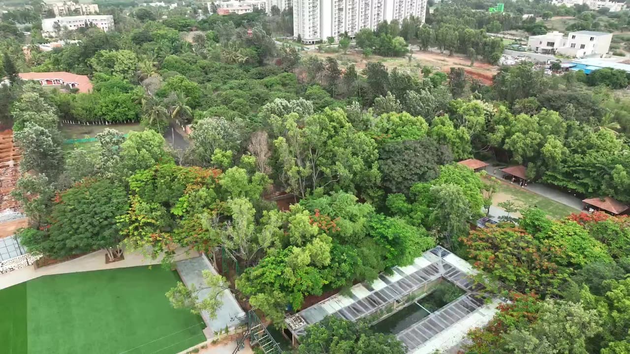 Aerial view of the resort campus showing the sports grounds, pool and lawns used for corporate outings