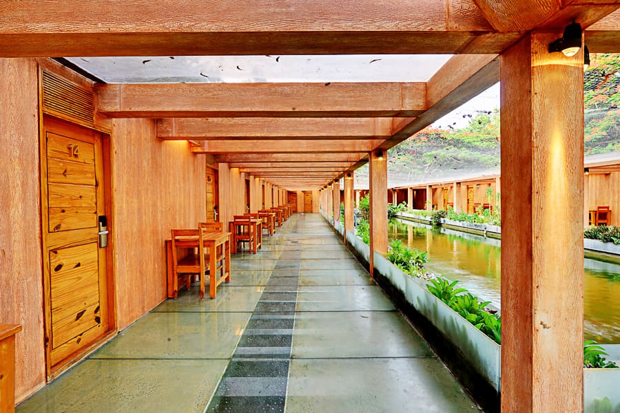 The few steps from the Aqua Room door to the edge of the swimming pool