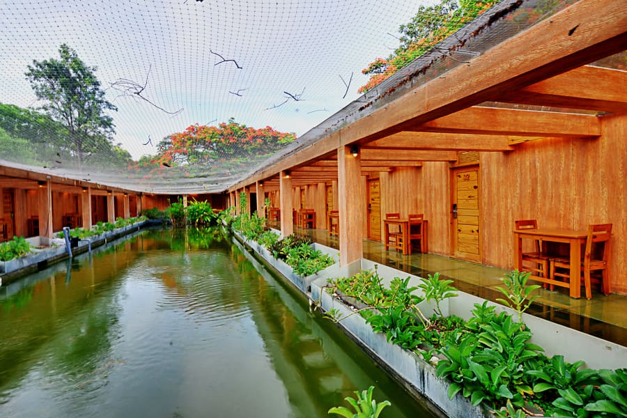 The long water channel running beside the Aqua Rooms