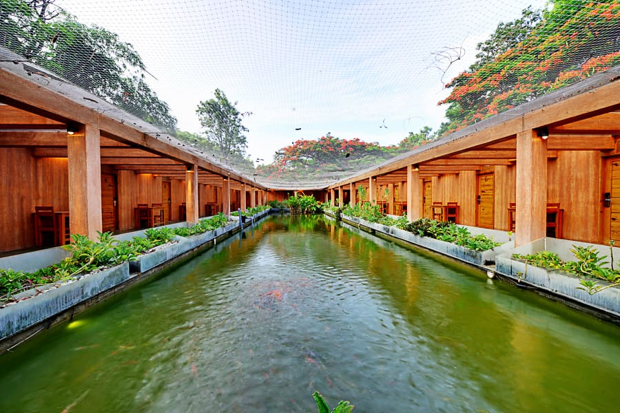 Wide shot of the Aqua Room and the pool it faces, taken from the water side
