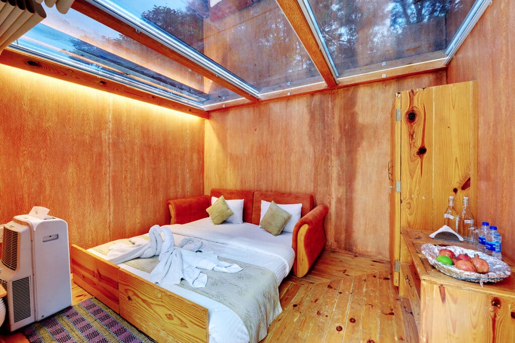 Inside the Camping Room looking towards the door and the greenery outside