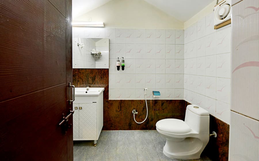 The cottage bathroom, small and plain, hot water and toiletries on the shelf