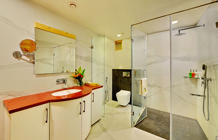 The larger suite bathroom with a full shower, counter and folded towels