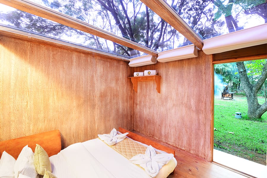 The Camping Rooms with proper beds under a glass roof canopy